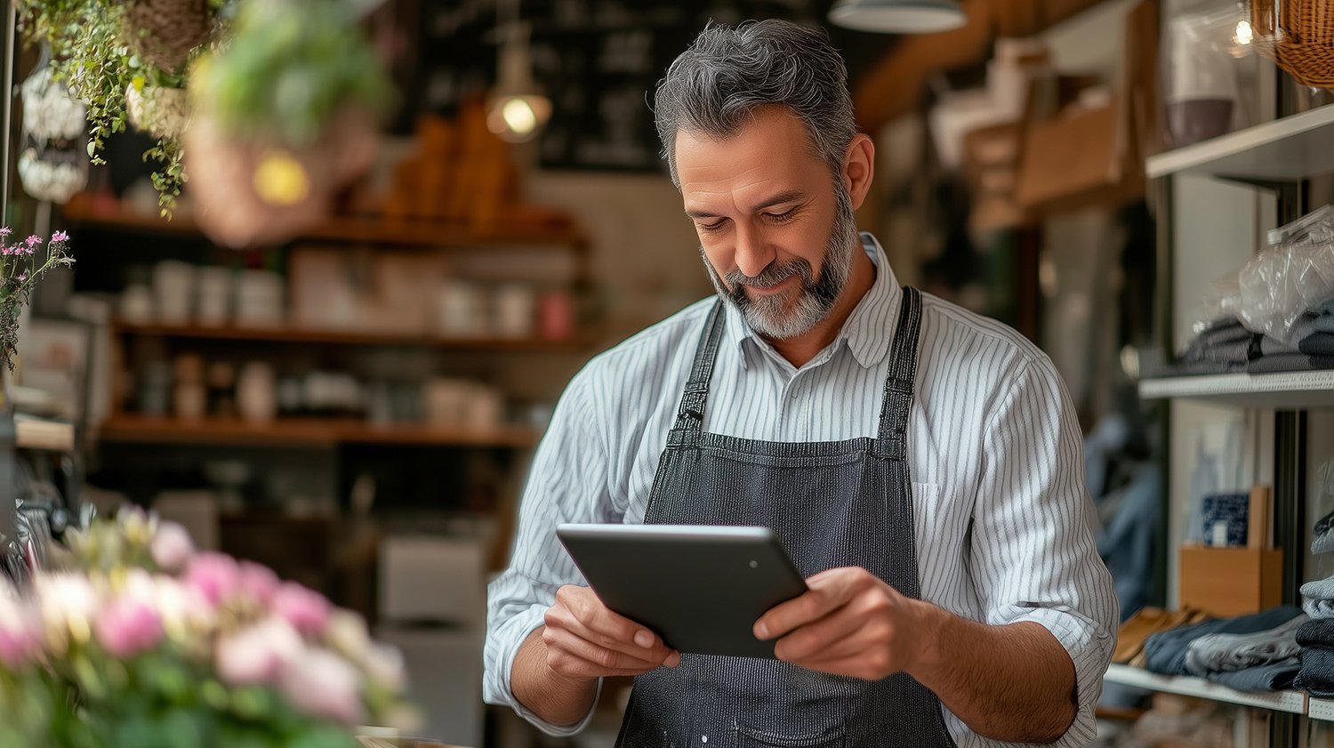 Smiling mature male entrepreneur in apron using digital tablet to manage his small business